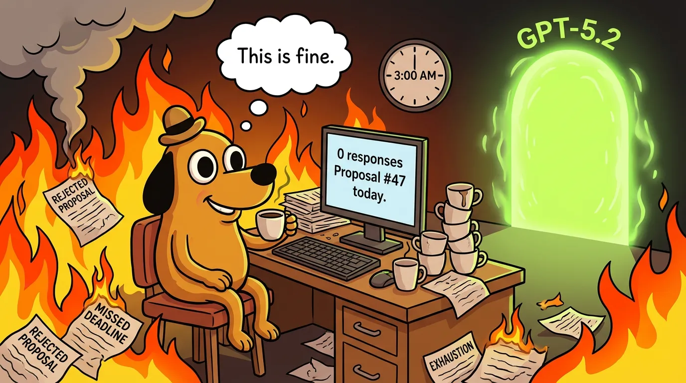 This Is Fine meme - Manual proposal writing chaos