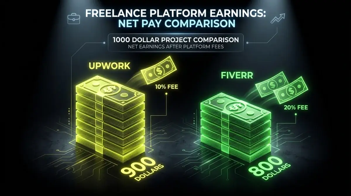 Upwork vs Fiverr fee comparison infographic